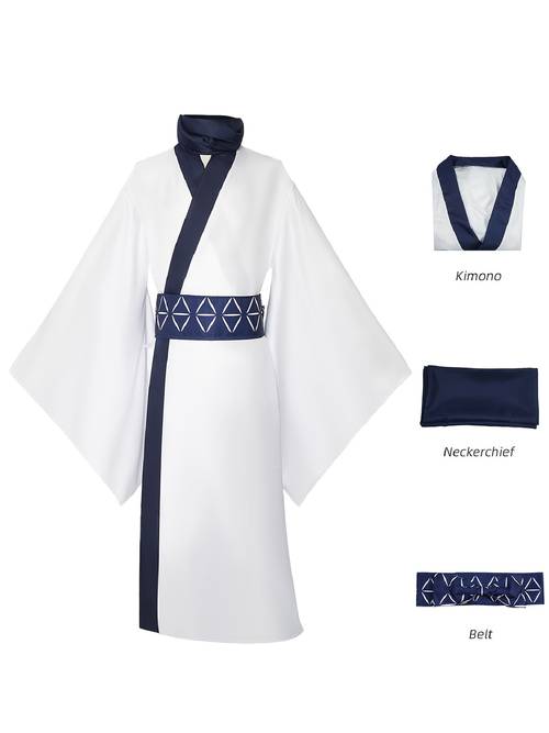 item picture vintage dark blue and white contrast loose robe unisex simple robe oriental aesthetic zen inspired robe cross collar right flap white outer robe with geometric pattern contrast color belt set suitable for anime and gaming