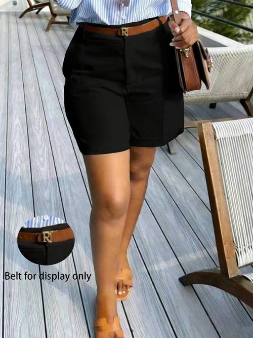 hmy womens solid color commuter casual elegant shorts belt free and tamlane