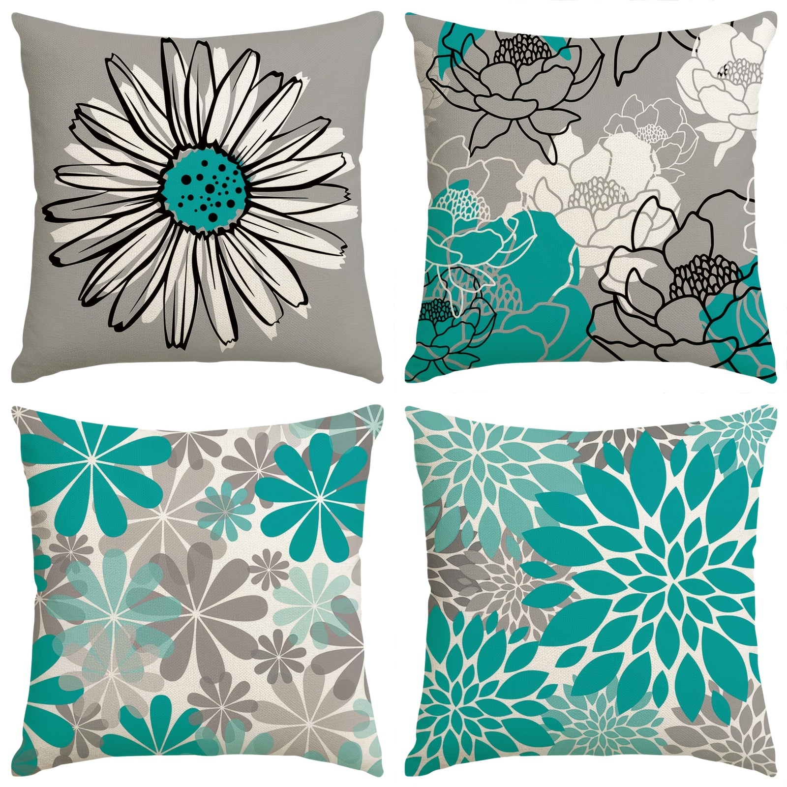 

Teal Decorative Throw Pillow Covers 18x18 Turquoise And Grey Modern Daisy Floral Pillow Covers For Living Room Farmhouse Set Of 4, Modern Simple Cushion Bed Outdoor Home Decor