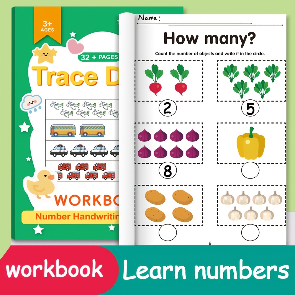 Image of 32-page Number Tracing Fun! Kids Writing Practice Book With Arrows & Dots Coloring Activities + Phonics Games, Kindergarten Readiness Homeschool Tool, Number Spelling Exercise Book, High-quality Paper