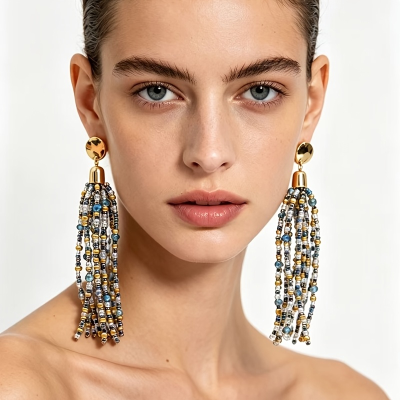 Bohemian Beaded Tassel Fringe Dangle Earrings