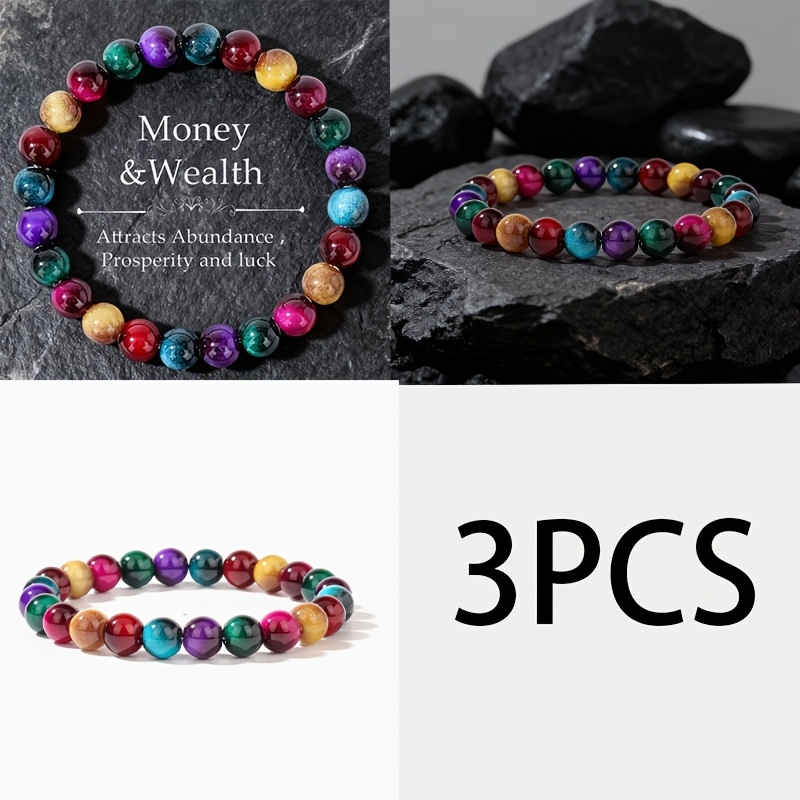 TEMU 3pcs/set, Bohemian Style Colorful Tiger Eye Bracelets, Unisex - Symbolizing Wealth And Eternal Happiness, Elegant Jewelry, Ideal Gift For Mother