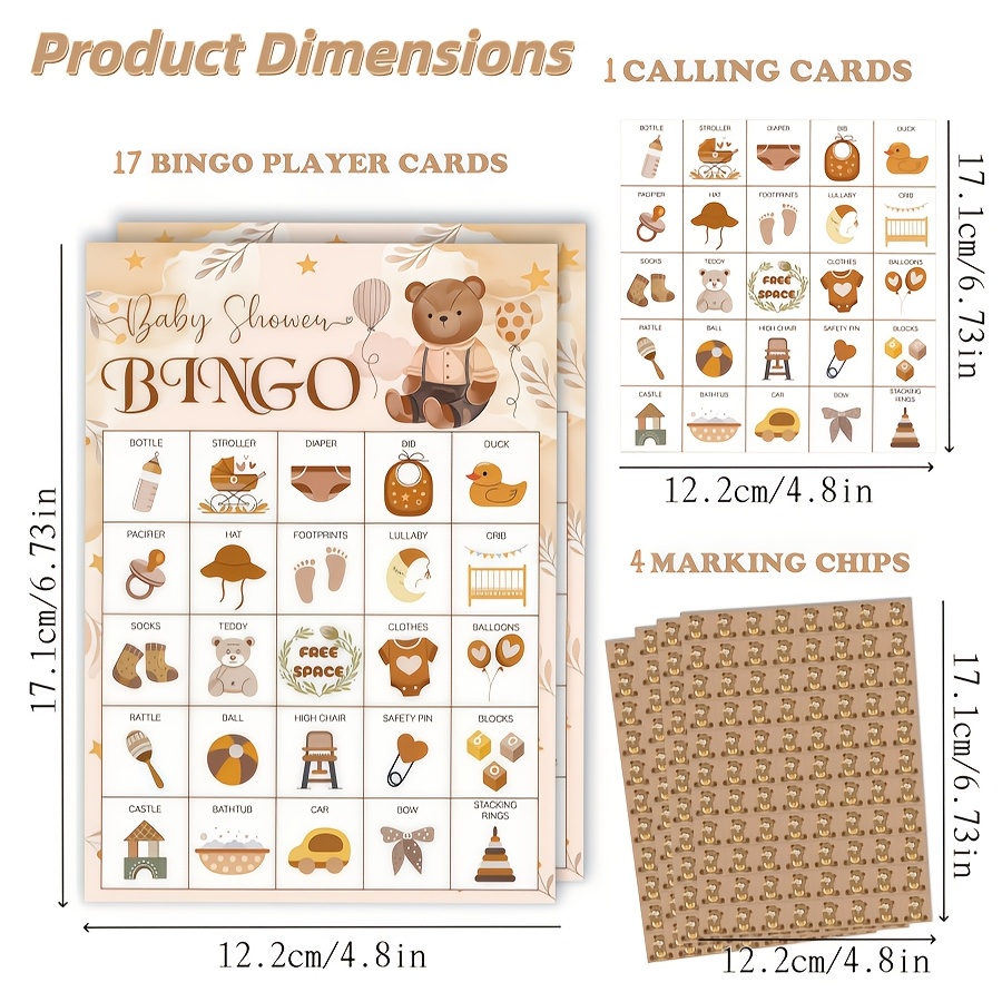 TEMU 17pcs Neutral Teddy Bear Shower Bingo Game Card Set, Including 17 Bingo Cards, 1 Calling Card And 4 Teddy Bear Markers, Teddy Bear Themed Shower