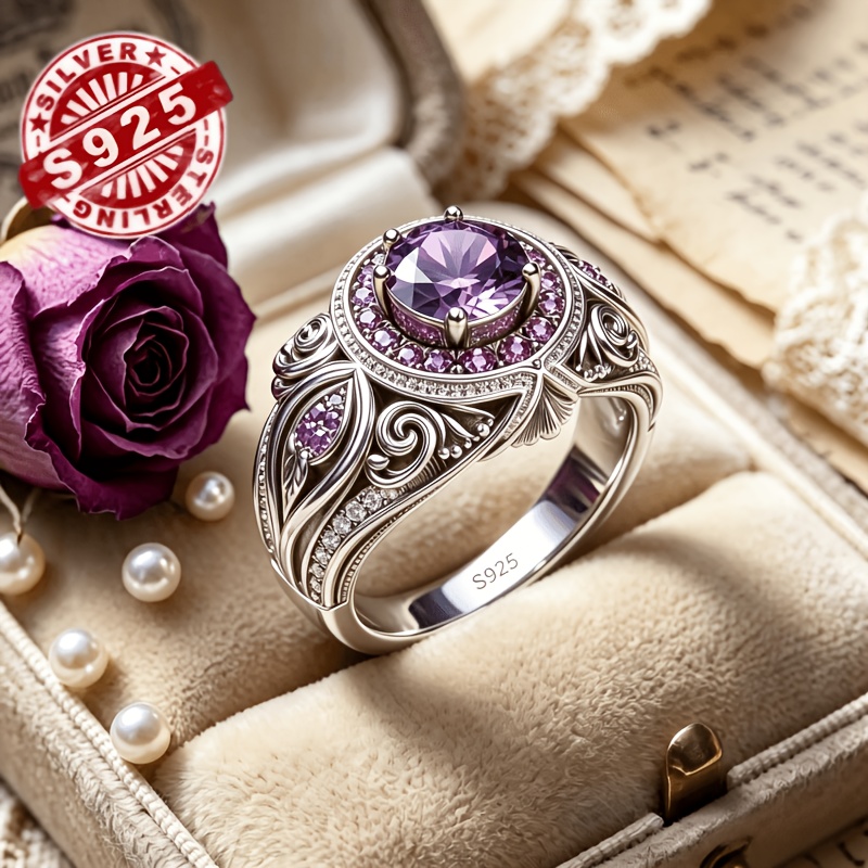 S925 Silver Retro Palace Style Purple Natural Stone Ring