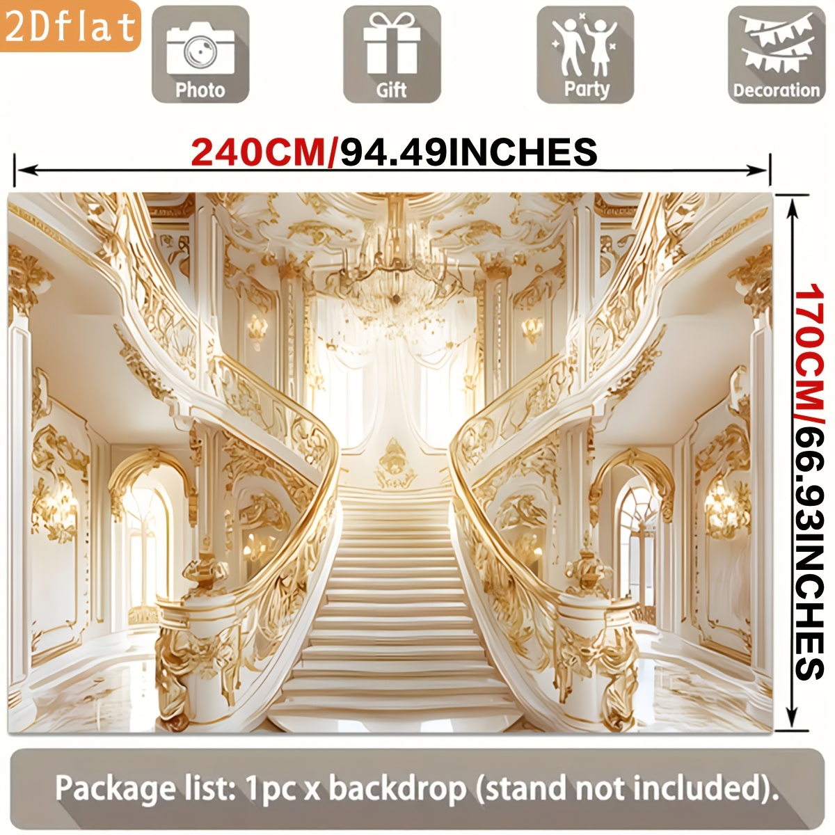 Golden Ornate Staircase White Marble Chandelier Backdrop Banner for Parties