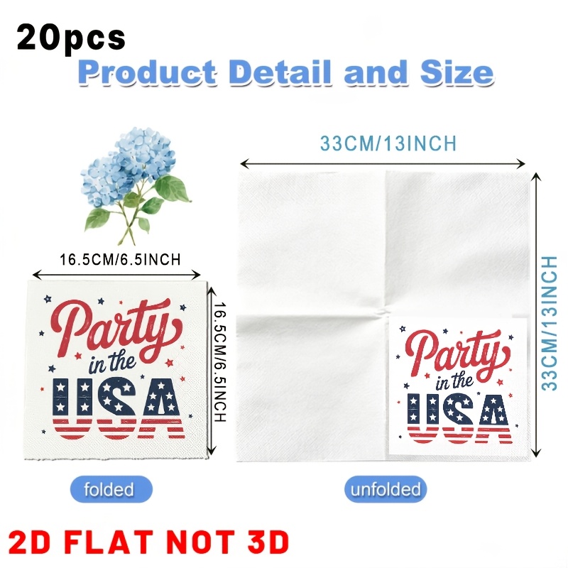 TEMU 2d Flat 20pcs, Patriotic Usa Stars And Party Napkins, Guest Hand Towels Decorative Paper, Spring Summer Picnic, Wedding Birthday Garden Party