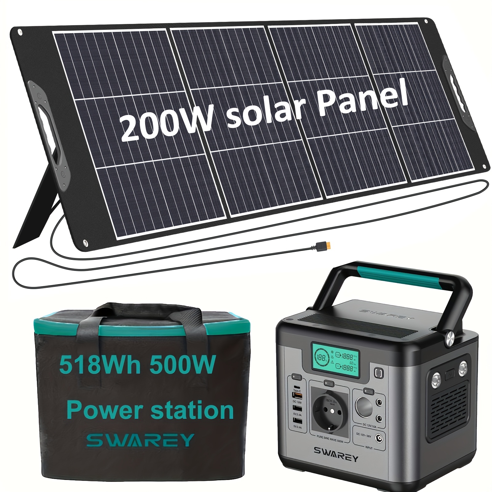 Image of Swarey Portable Power Bank With 200w Solar Panel, Power Station 518 Wh, Solar Generator 500w Ac Output, 65 W Usb-c Port, Power Generator Battery For Party, Travel, Camping, Motorhome, Emergency