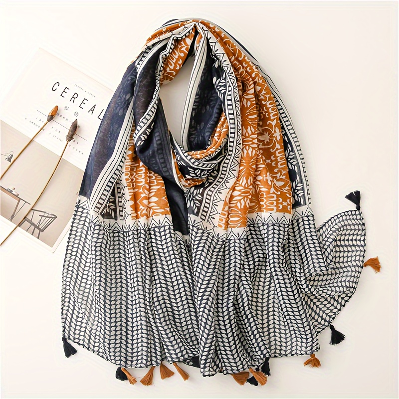 

Women's Casual Printed Polyester Scarf - Versatile Fashion Shawl For Autumn Winter Warmth & Spring Summer Sun Protection, Inelastic, Weekend Casual Style With Tassel Trim, Windproof Lightweight Scarf