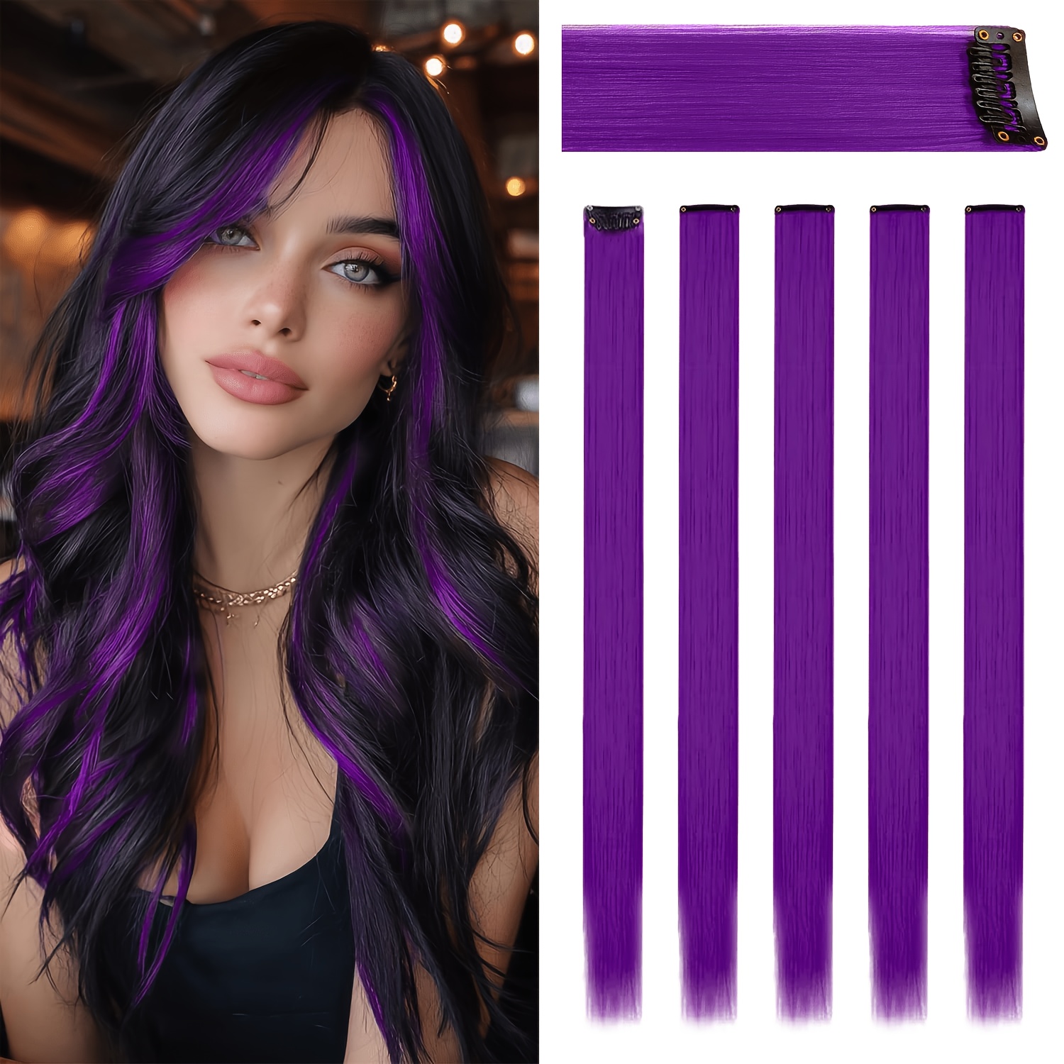 TEMU Extensión de cabello , paquete de 5 | Extensión de cabello con pinzas de 24" | Extensiones de cabello largo liso y colorido con pinzas, pieza de