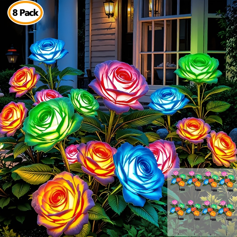 TEMU 2/4/6/8 Pack Solar Lights Outdoor Decorative, Solar Powered Garden Lights Outdoor Ipx5 Waterproof, 7 Color Changing Solar Flowers Led Rose Light