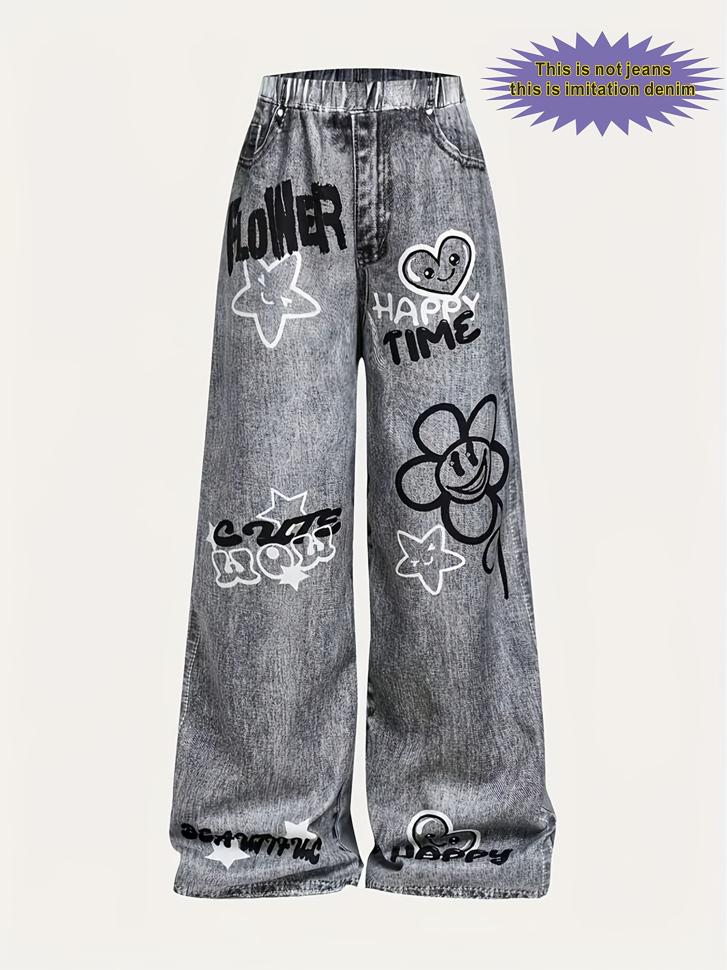 Girls' Street Y2 Style Imitation Faux Denim Graffiti Wide Leg Trousers, Comfortable Loose Fashion Pants, Suitable for Daily Casual Outings, for Outdoor