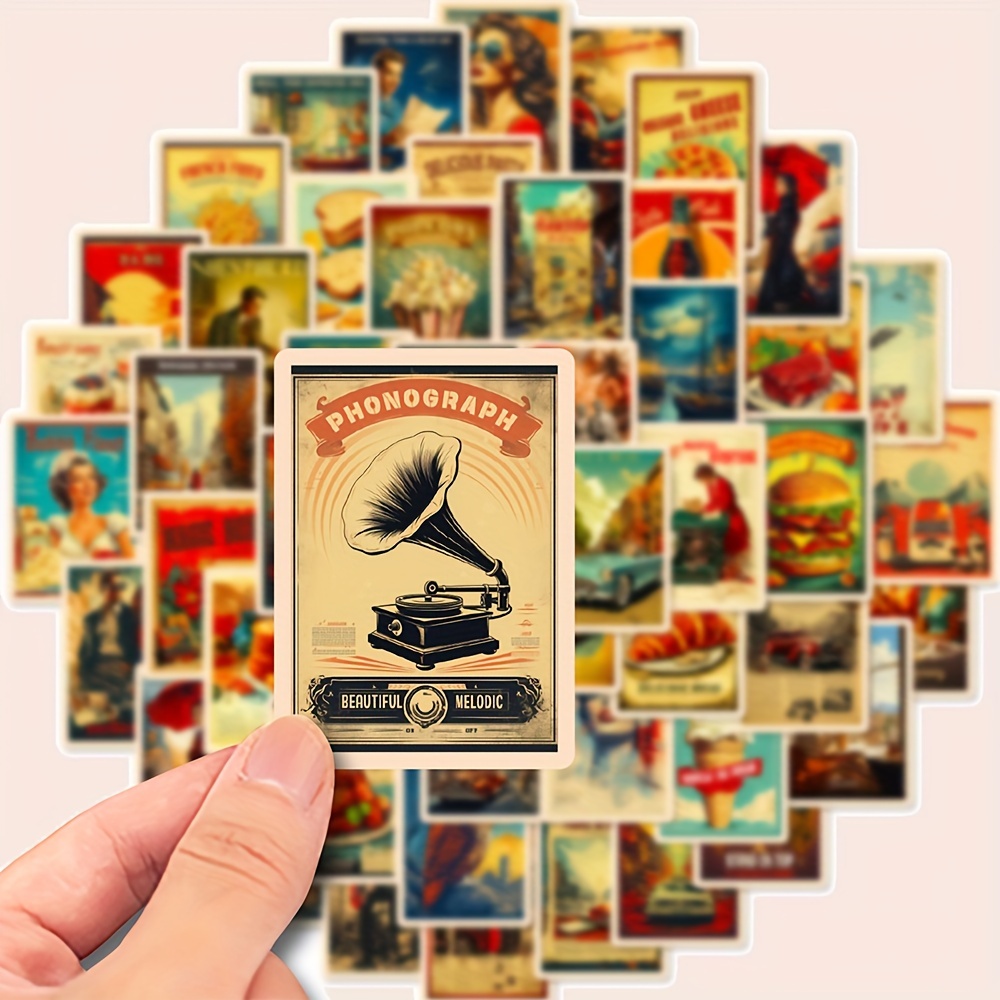 50pcs Retro Poster Waterproof Graffiti Stickers Can Decorate Computer Mobile Phone Notebook Water Cup Helmet Guitar Luggage