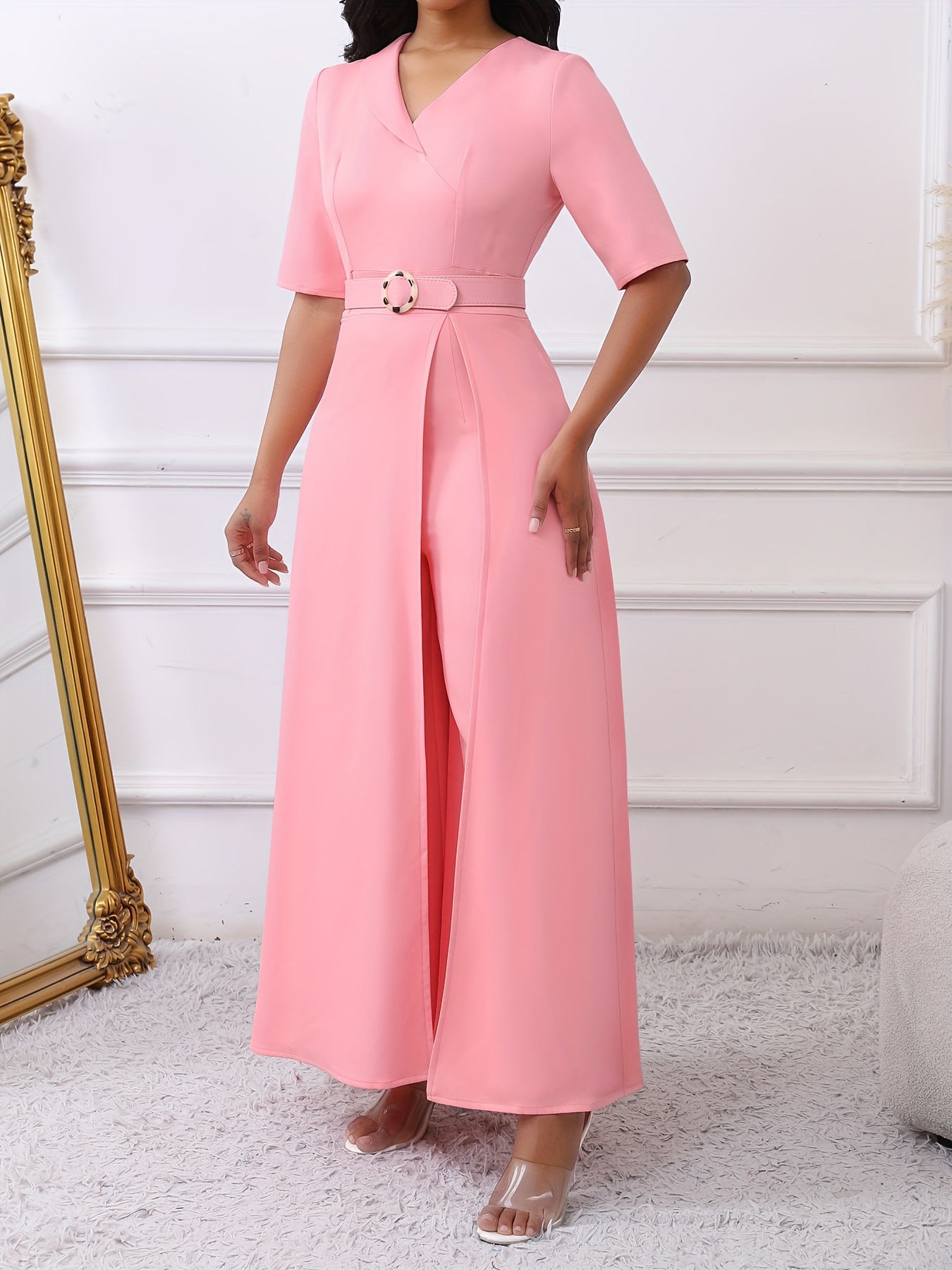 elegant pink sleeveless jumpsuit waist belt long flowing - Temu display picture 1