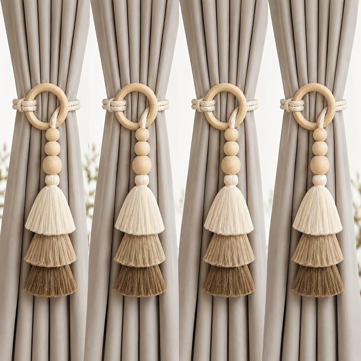 TEMU 4pcs Bohemian Style Curtain Tiebacks, Handmade Wooden Bead Strings, Suitable For Living Room, Bedroom, Windows No Drilling Required, Home Decor