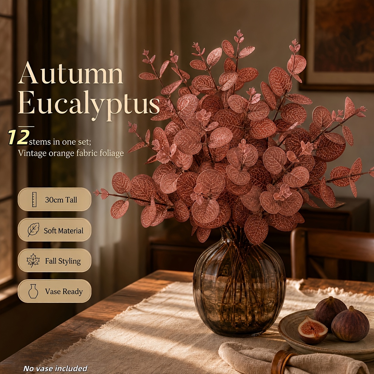 TEMU 12-pack Autumn-colored Faux Eucalyptus Leaves Single Branch Size 30cm/11.81inch Vintage Orange-yellow Fabric Artificial Greenery Perfect For