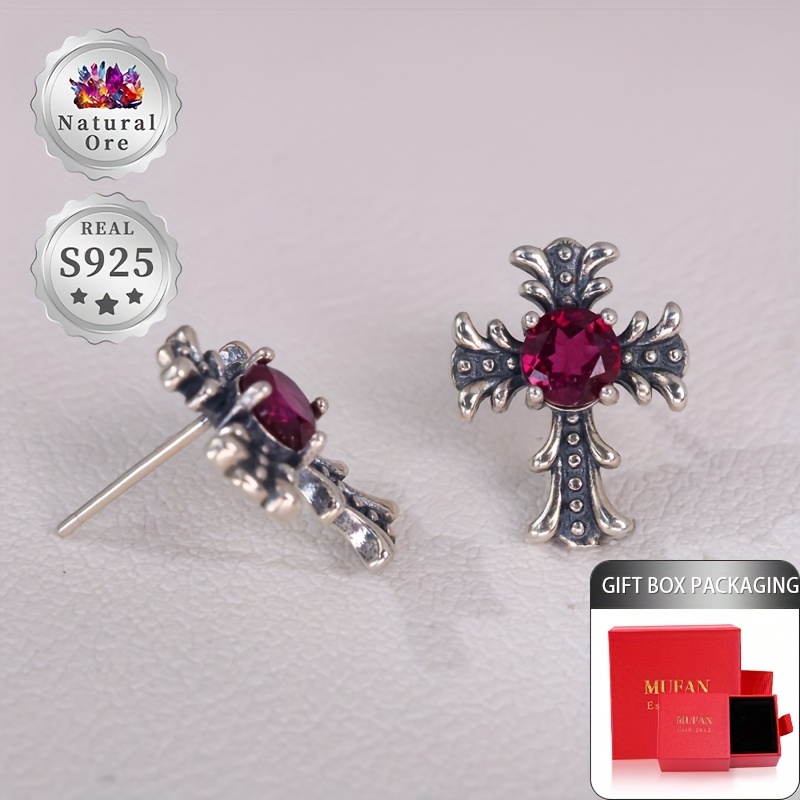 Women's S925 Silver Earrings with Red Garnet, Gothic Cross Design