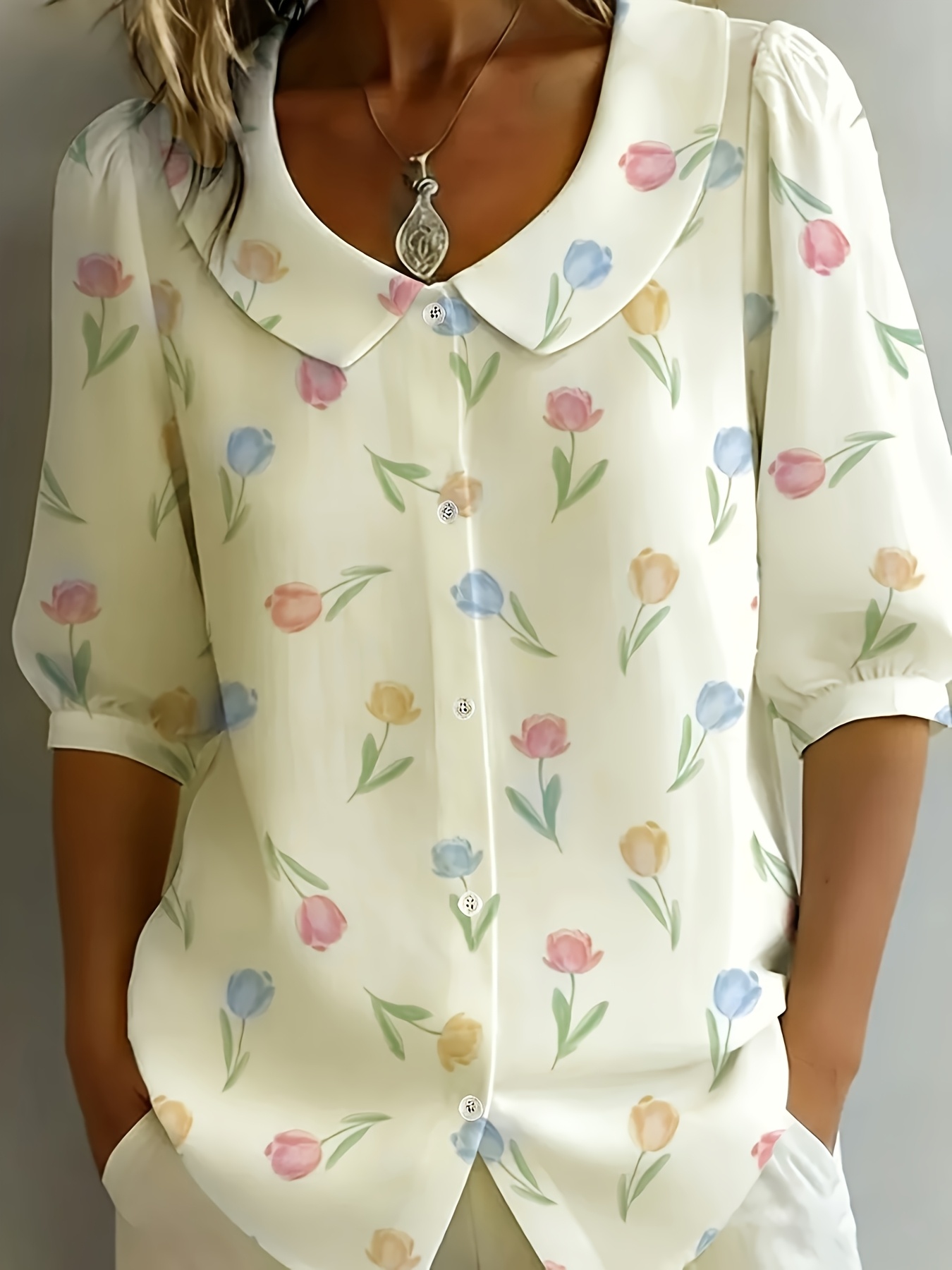 plus size plus size french retro multi color tulip peter pan collar bubble short sleeved shirt womens breathable light casual and loose shirt arc   suitable for daily   girlfriend   graduation season