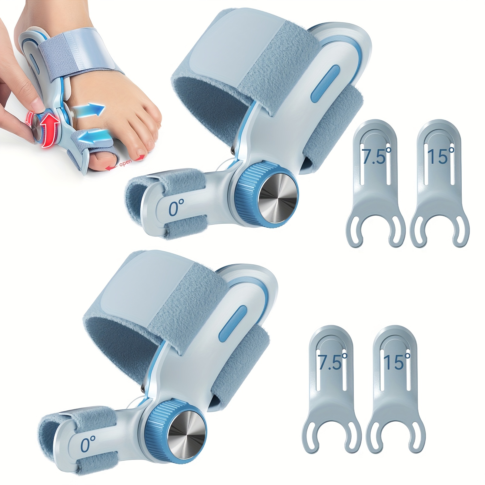 2pcs Adjustable Corrector for Men & Women - Toe Straightener with Anti-Slip Heel Strap, Silicone Pad, and 3 Splint Settings (0°, 7.5°, 15°) for Left & Right Feet