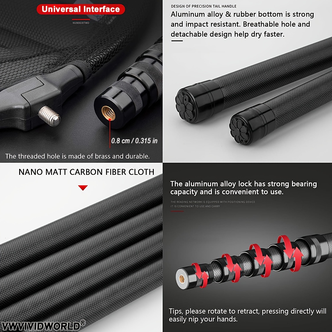 Carbon Fiber Fishing Hand Net with Telescopic Pole, 1.8-3.45m Portable Outdoor Fishing Tackle, Aluminum Alloy Landing Net for Anglers, Black