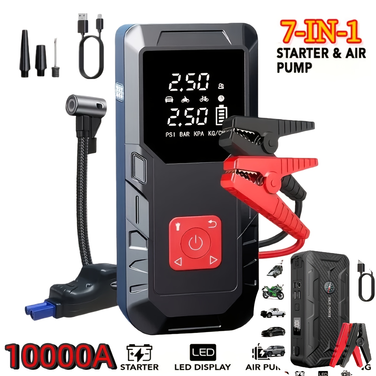 6000a portable car jump starter  10000a portable car jump starter with 350psi tire inflator 7 in 1 car battery charger jump starter accessories and tools led light usb type c and usb output   fast charging function