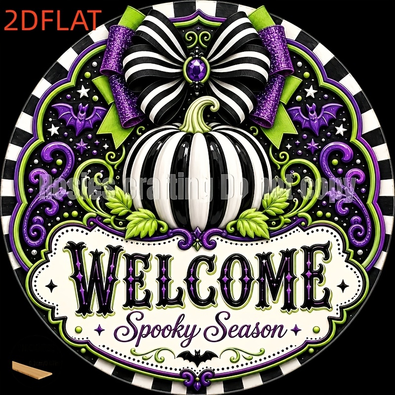 TEMU 2d Flat, 2d Flat Halloween Wreath Sign, Spooky Season Welcome Door Hanger, Halloween-style Pumpkin Decoration, Black White Purple Green Wreath