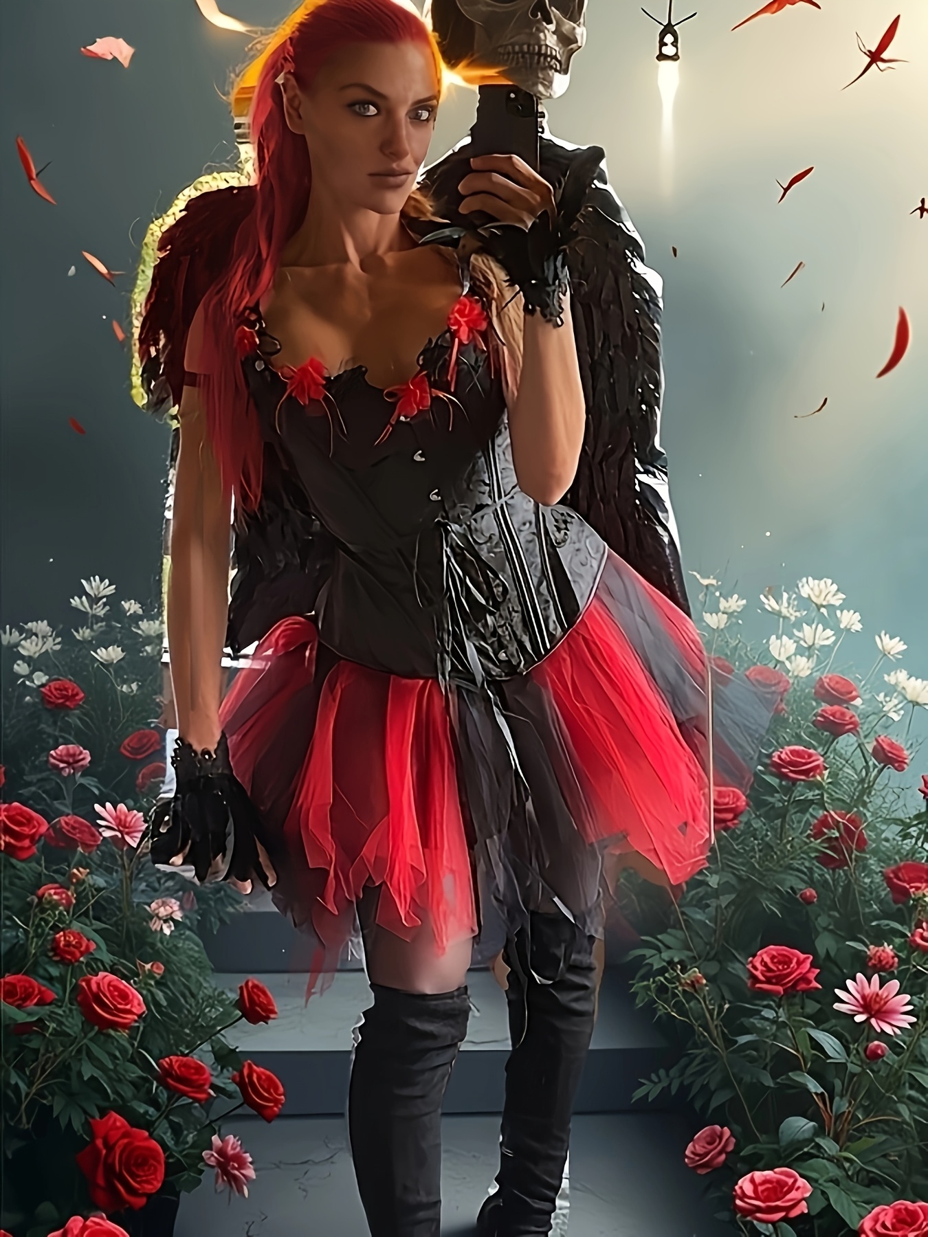 Gotisch Zwart Vetercorset en TUTU Rok Set, Mexicaanse Halloween Bloedroos  Cosplay Kostuum