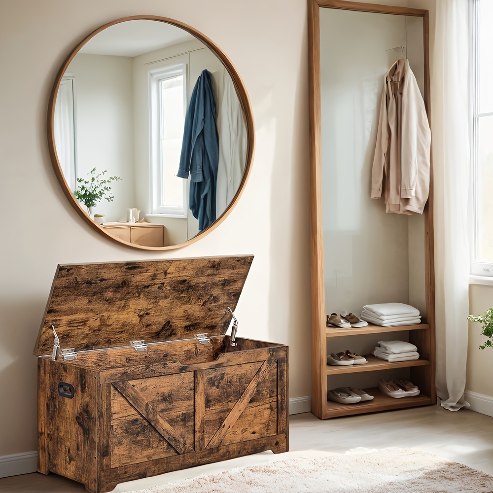Image of Storage Chest, Storage Trunk With 2 Safety Hinges, Storage Bench, Shoe Bench, Farmhouse Style, For Entryway, Bedroom, Living Room, Rustic Brown