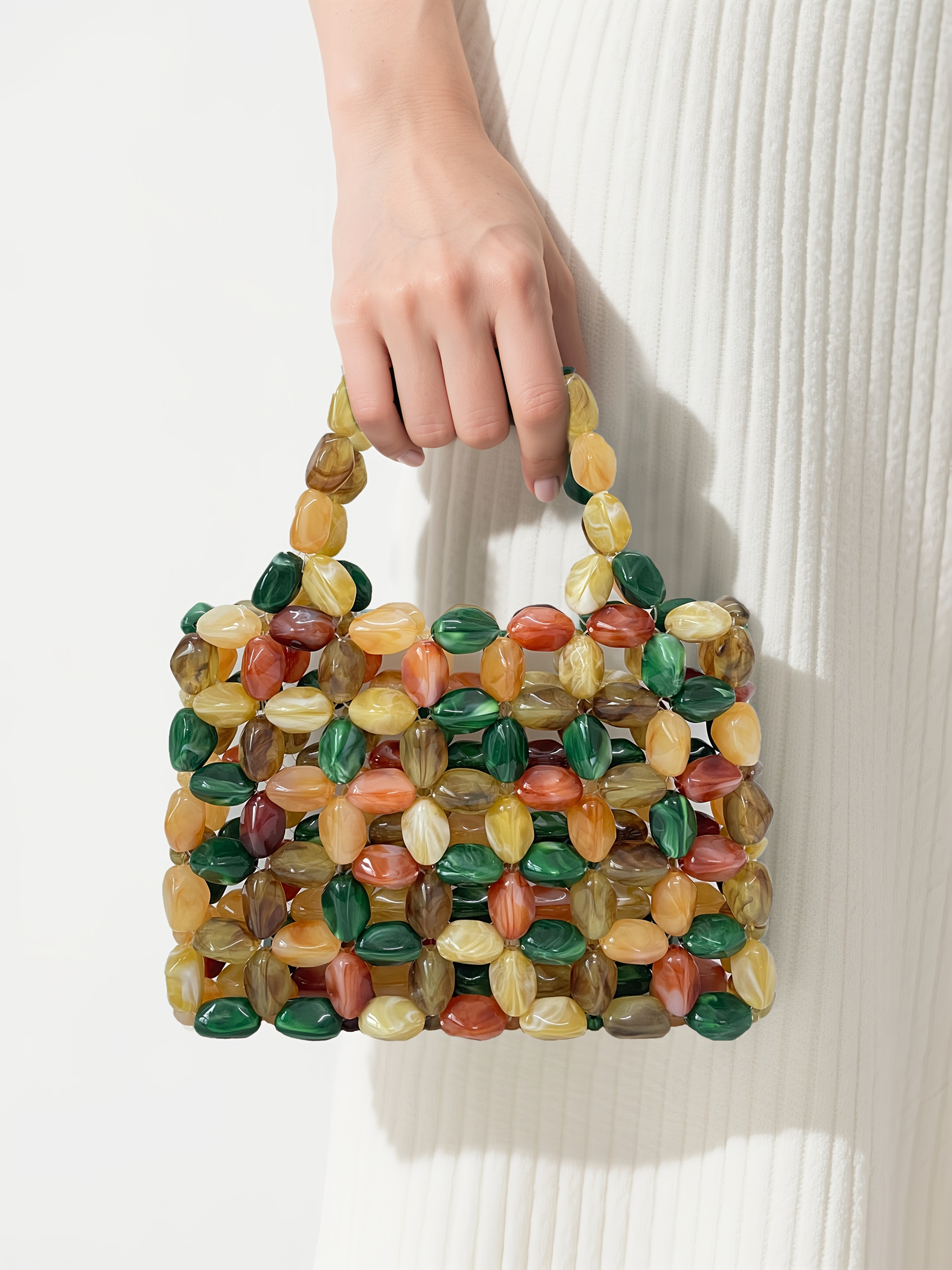 Women'S Vintage Beaded Handbag - Elegant Open Top Purse with Beads in Green, Brown, Golden, Black, White, - Lightweight Acrylic Clutch for Wedding, Party, Everyday - No Closure Needed, Easy-Clean Maintenance, Party Accessory, Retro Aesthetic, Durable Construction, Fashion Accessory, Bridal Accessory, Beaded Bag, Beaded Purse