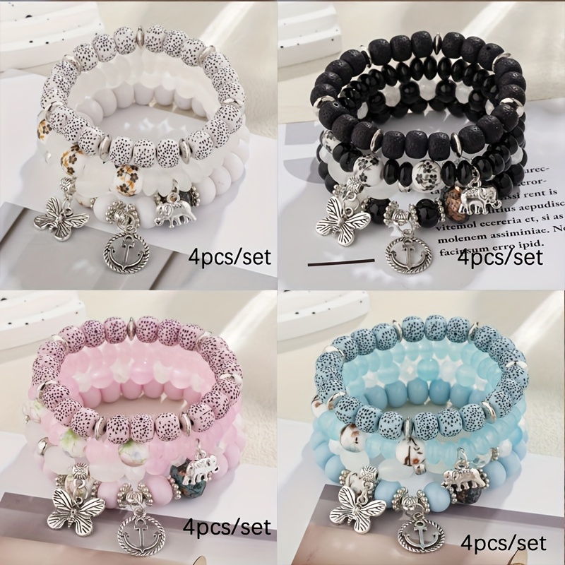 TEMU 4pcs, 16pcs, Bohemian Bracelet Elegant Bracelet, , Anchor, Elephant Decoration Beaded Fashion Bracelet, Perfect Gift For Women, Elastic Charm