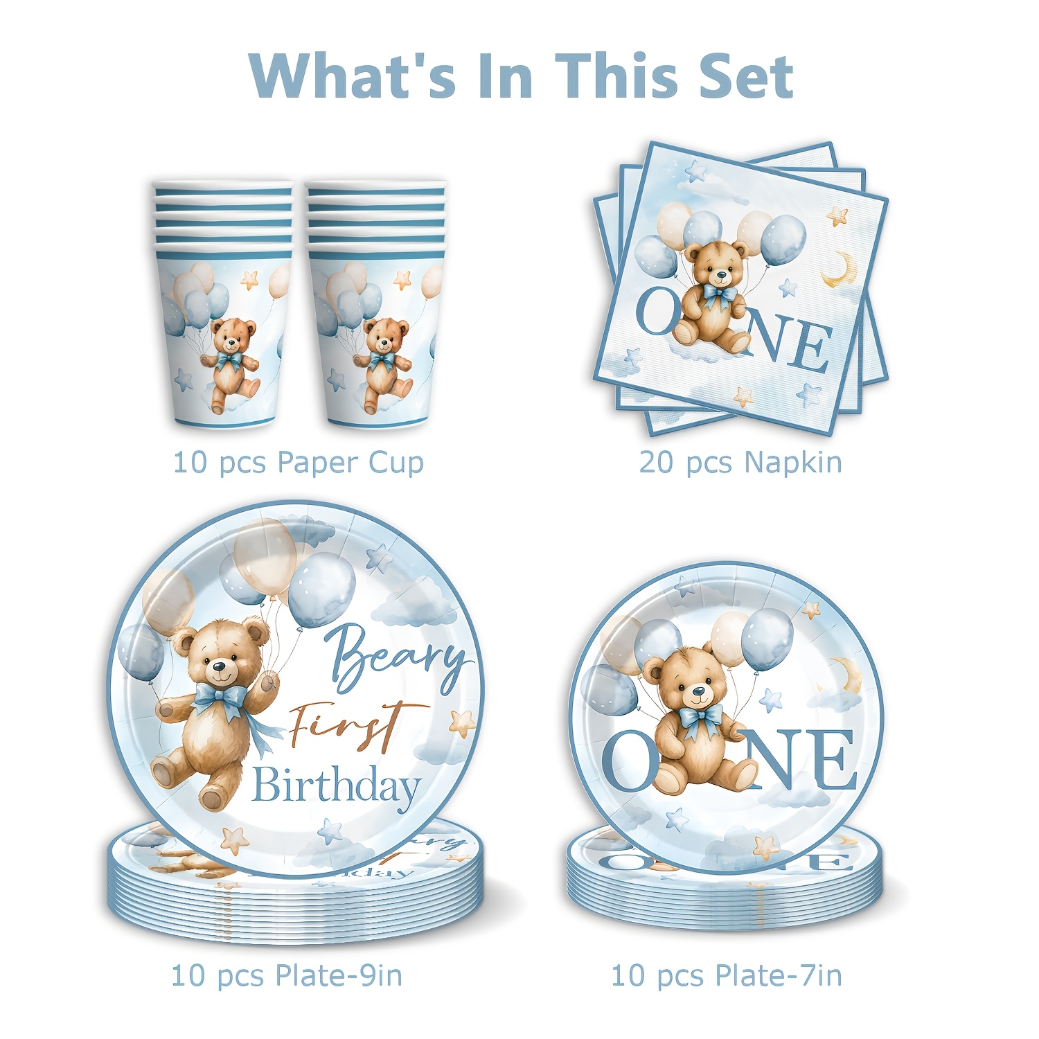 Image of 50pcs Teddy Bear 1 Birthday Party Supplies - Cute Bear-themed Plates, Napkins & Cups Suitable For & Gender-neutral Showers, Celebration I Perfect For Halloween I Halloween I Navidad