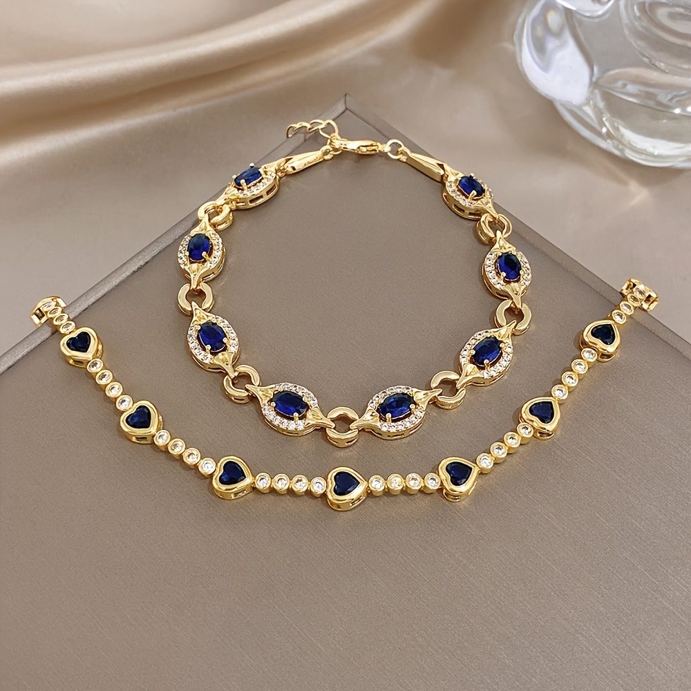 2pcs Set Unisex Heart Synthetic Zirconia Copper Bangle Bracelet