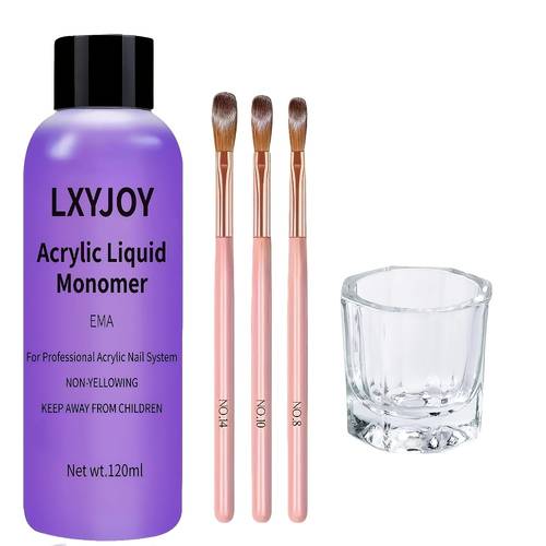 lxyjoy nail art set featuring 120ml of acrylic nail monomer liquid three nail art brushes and a crystal glass ideal for salon and home use