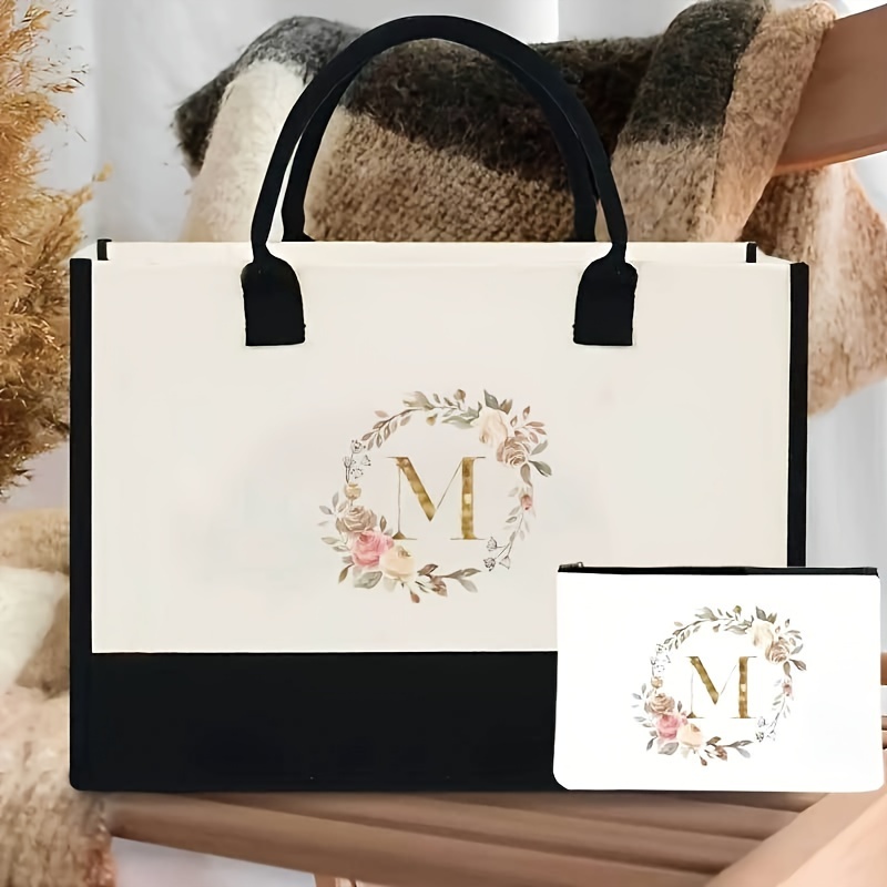 TEMU 2 Pièces Sac Fourre-Tout avec Lettre Initiale, Trousse de Toilette et Sac à Épaule Mode pour Femme, Sacs Légers de Plage Voyage