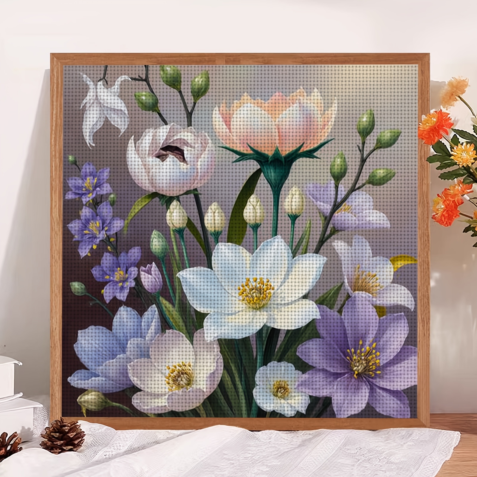 DIY Cross Stitch Print Kit, Frameless, "Colorful Floral Illustration" Pattern