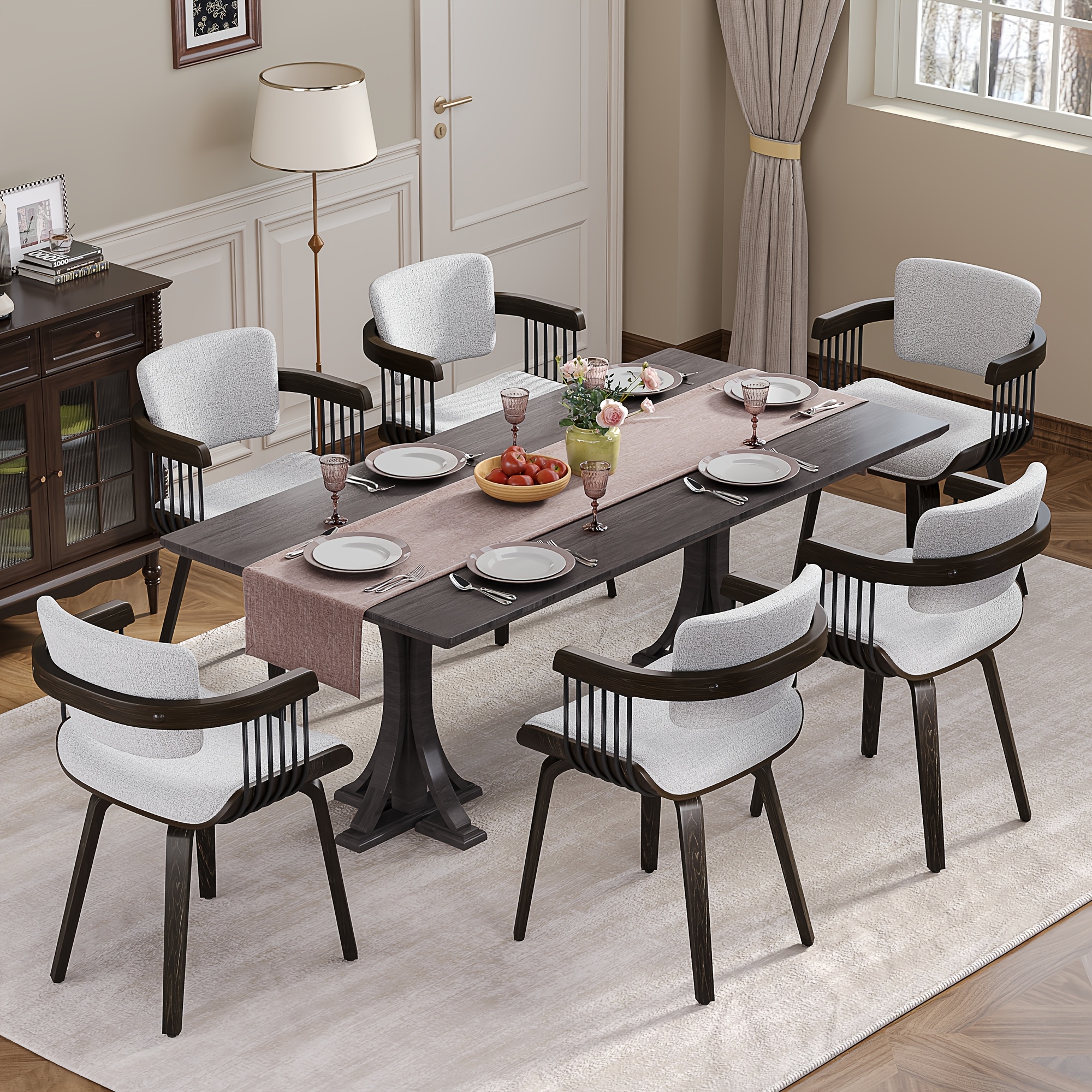 Two Ergonomic Wooden Dining Chairs, Curved Bentwood Backrest And Seat, High-Density Foam Cushion, Modern Semi-Armrest Kitchen Chair