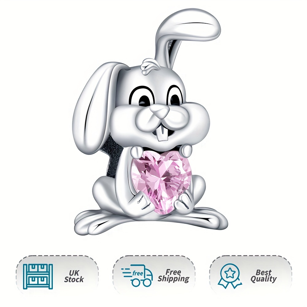Naughty Rabit Hugging Heart Stone Charm 925 Sterling Silver Pendant