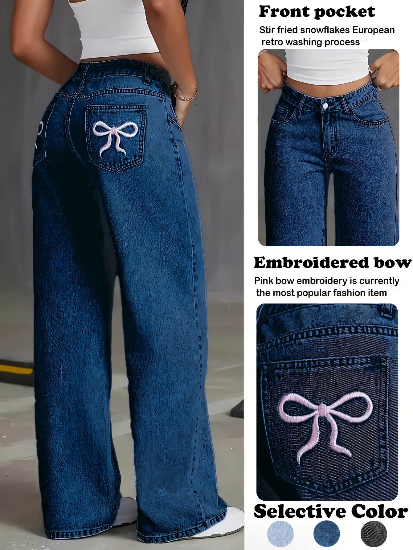 Women's High-Waisted Wide Leg Jeans with Embroidered Bow Detail, Light Blue Denim, Casual Loose Fit, Machine Washable, Comfortable Casual Attire
