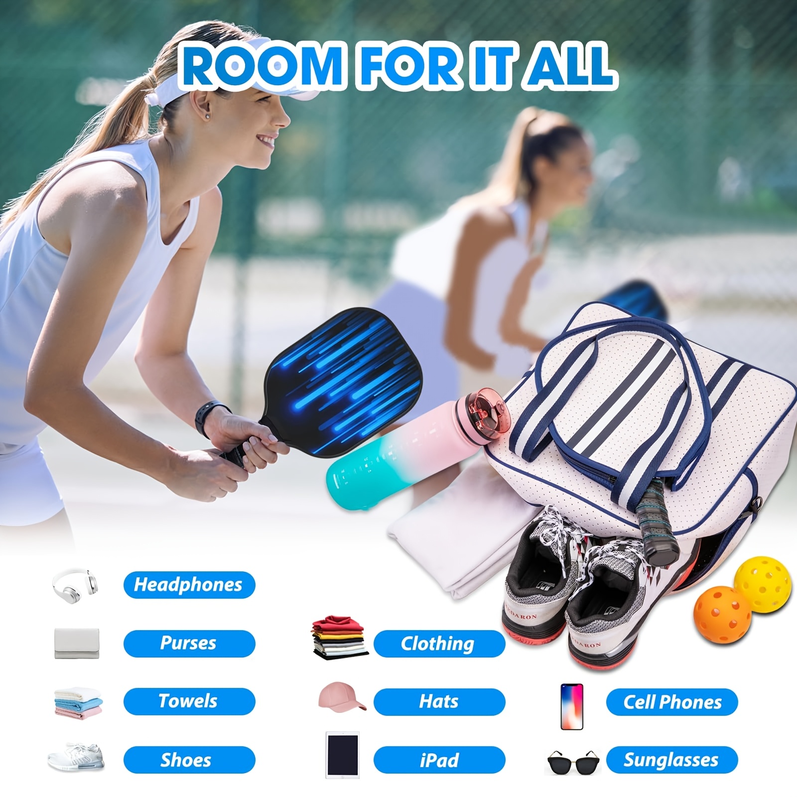   crossbody shoulder pickleball bag durable polyester with strap multiple compartments adjustable straps for   daily use blue white hand wash only sports bag unisex sports bag sturdy construction