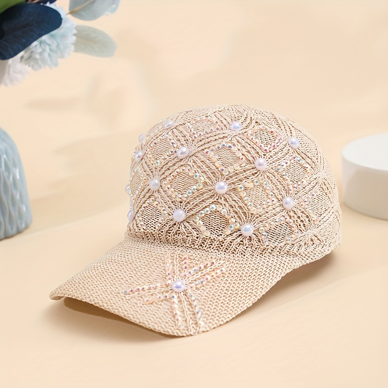 1pc Clover Pearl Hat Women's Fashion Versatile Pearl Rhinestone Net Cap Summer Adjustable Baseball Cap