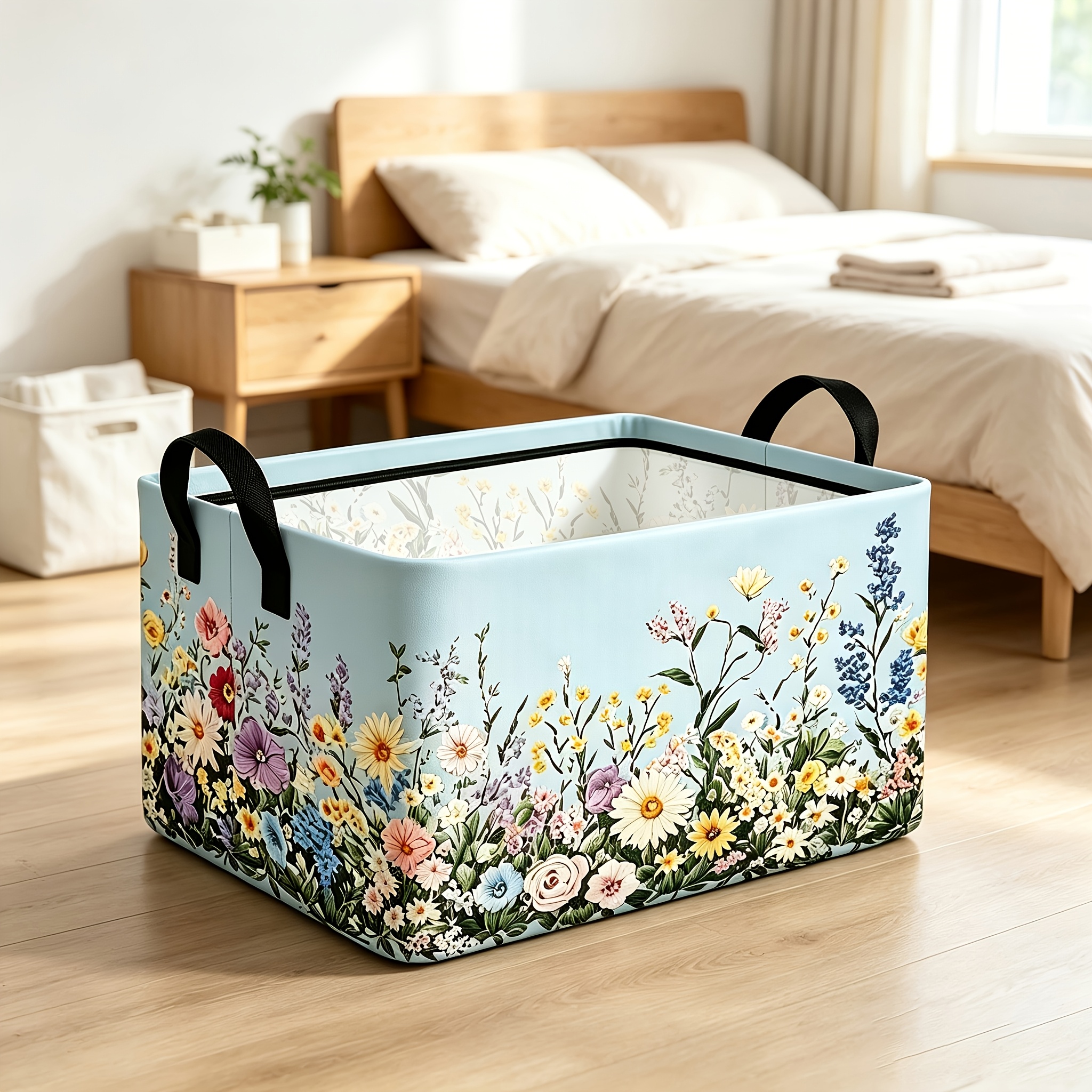TEMU 1pc, Panier de rangement fleurs , avec poignée, boîte de rangement florale aquarelle, panier de linge pliable pour chambre à coucher, pliable