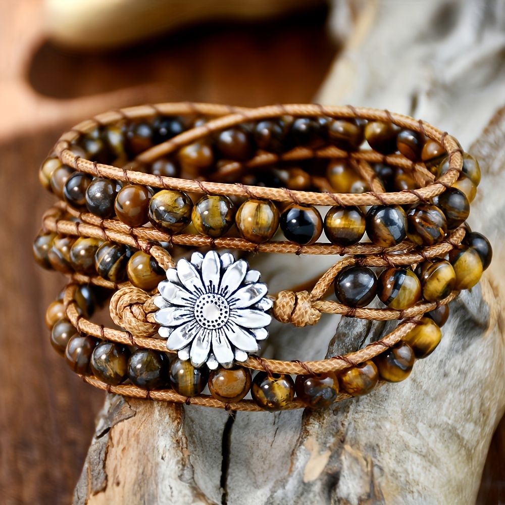 Image of 1pc Women's Bohemian Bracelet - Adjustable Wrapped Jewelry With Natural 's Eye Stone Beads, Rope-like Texture, Boho Chic Sunflower Button Accent - Everyday & Festival Jewelry Gift For Women