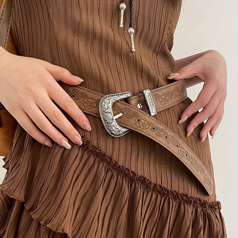 

Women's Brown Western Style Cowboy Belt With Ornate Buckle, Retro & Athletic Style Waistband, For Casual And Dress Wear