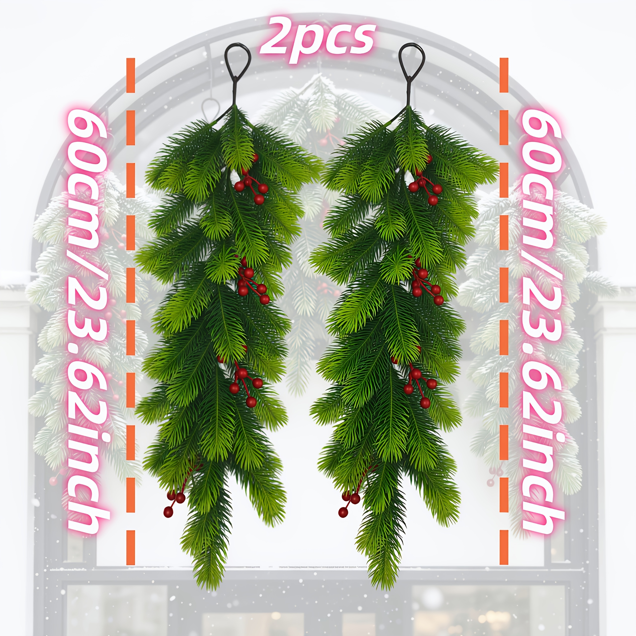TEMU 2pcs Extra Large Fresh Emerald-green Artificial Pine Branches With Berries, Full And Fluffy Foliage - Fake , Maintenance-free Artificial Floral