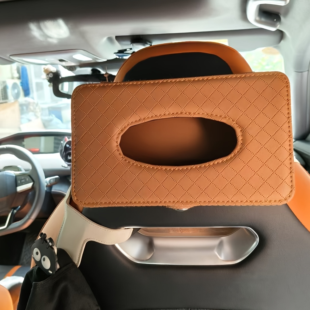1pc car strap style checkered tissue box strap design pu leather     view car interior storage decoration multifunctional seat tissue box suitable for all cars Product details 2