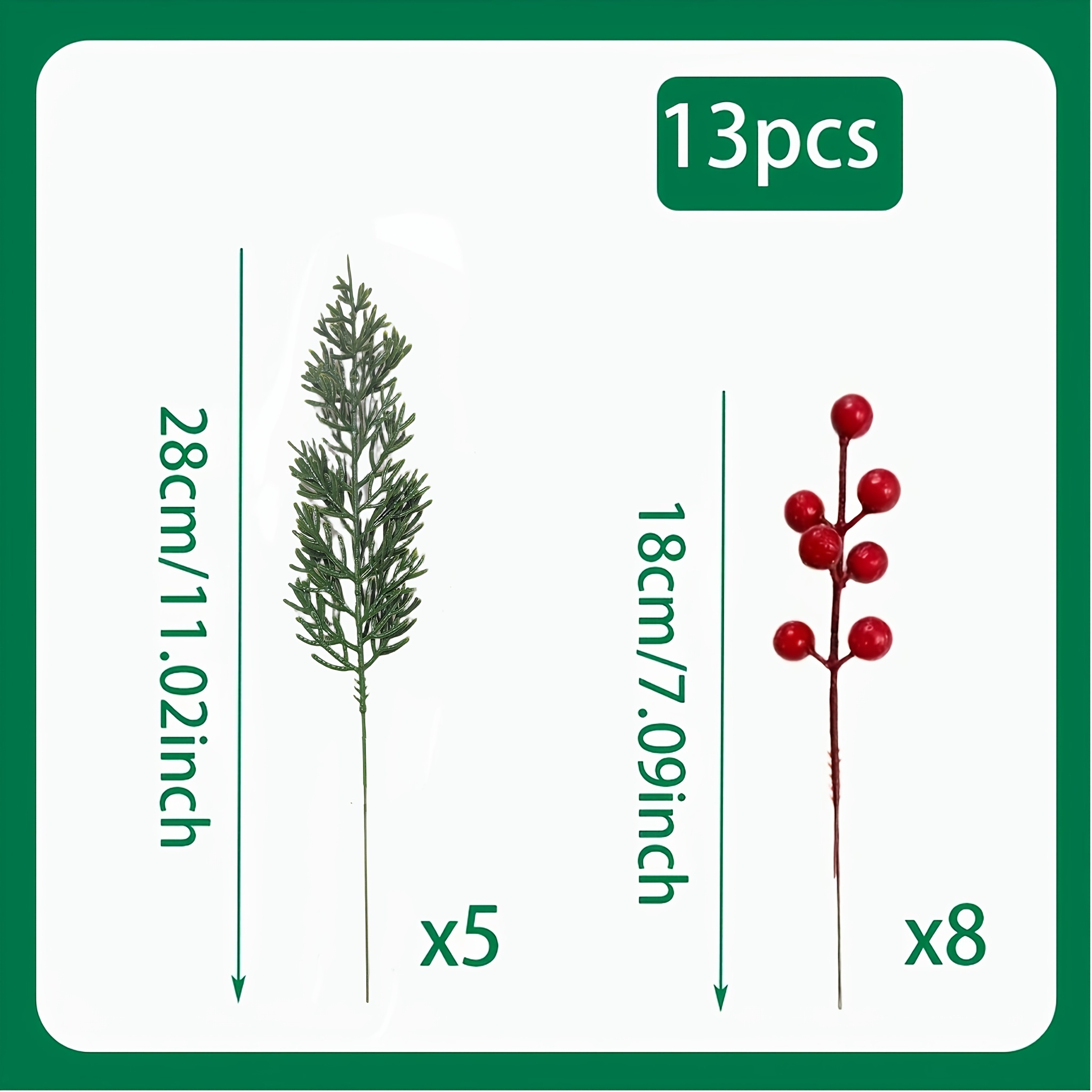 TEMU 13pcs (5pcs And 8pcs) Artificial Christmas Tree Pine Branches With Red Berries, Outdoor Decorative Fake Flowers, Perfect For Christmas Party