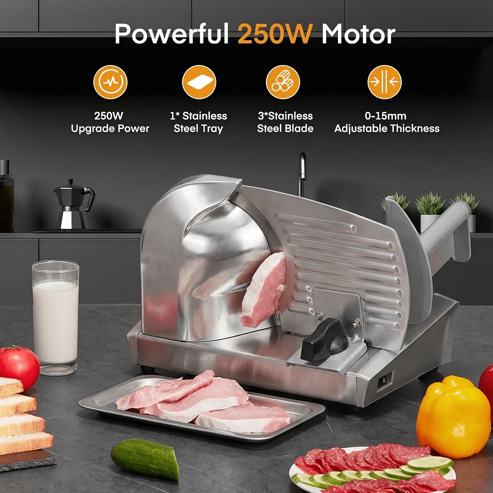 250W Electric Food Slicer For Home, Stainless Steel Meat Cutter With 3 Blades & 0-15mm Adjustable Thickness - Perfect For Deli Meat, Bread, Cheese, Fruit & Vegetable