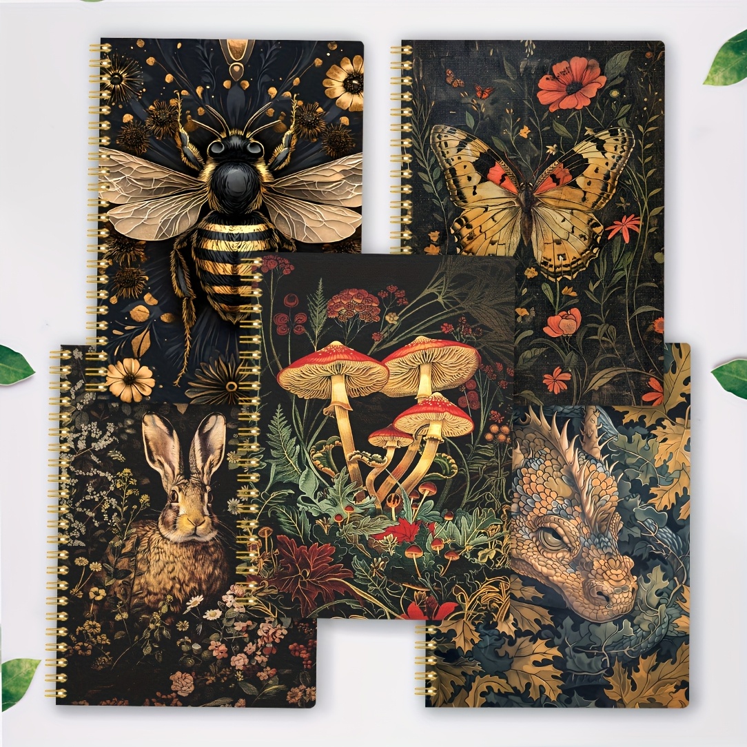 TEMU 5pcs A5 Notebook Set, Dark Gothic Style, Magical Theme With Animals And Plants, Exquisite Notebook, Spiral Notebook, Double-wire Spiral Bound