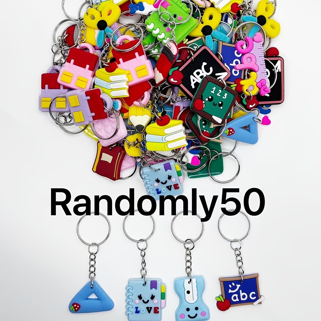 TEMU 50 Random Assorted Cartoon Stationery Keychains - Cute Pencil And Calculator Charms, Suitable For Teacher And Student Supplies Gifts