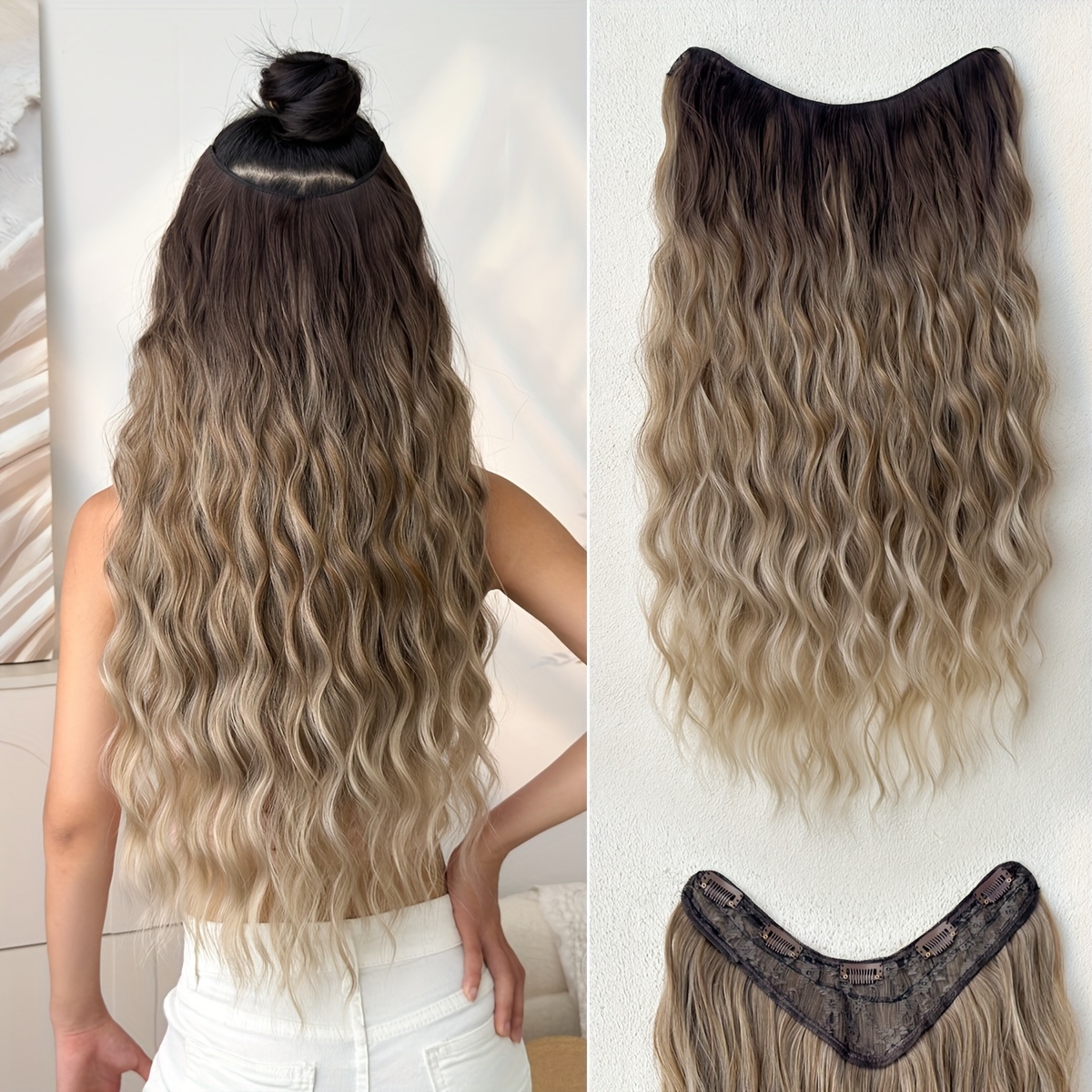 TEMU Extensioni per Capelli a Clip Ombre a V 24 Pollici Lunghezza Acqua Ondulata Fibra Resistente al Calore per Donne e Ragazze, per Feste e Uso