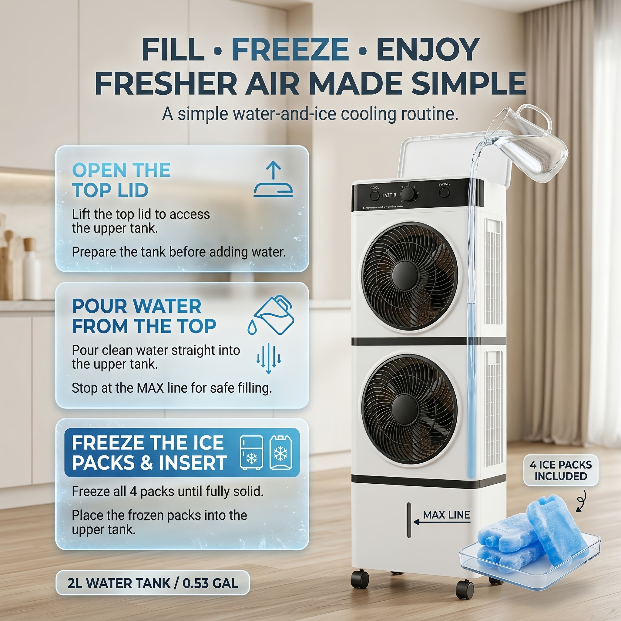 Portable Dual-Head Air Cooler Fan, 24Ft Reach, 2 Modes, 3 Speeds,... product image 10